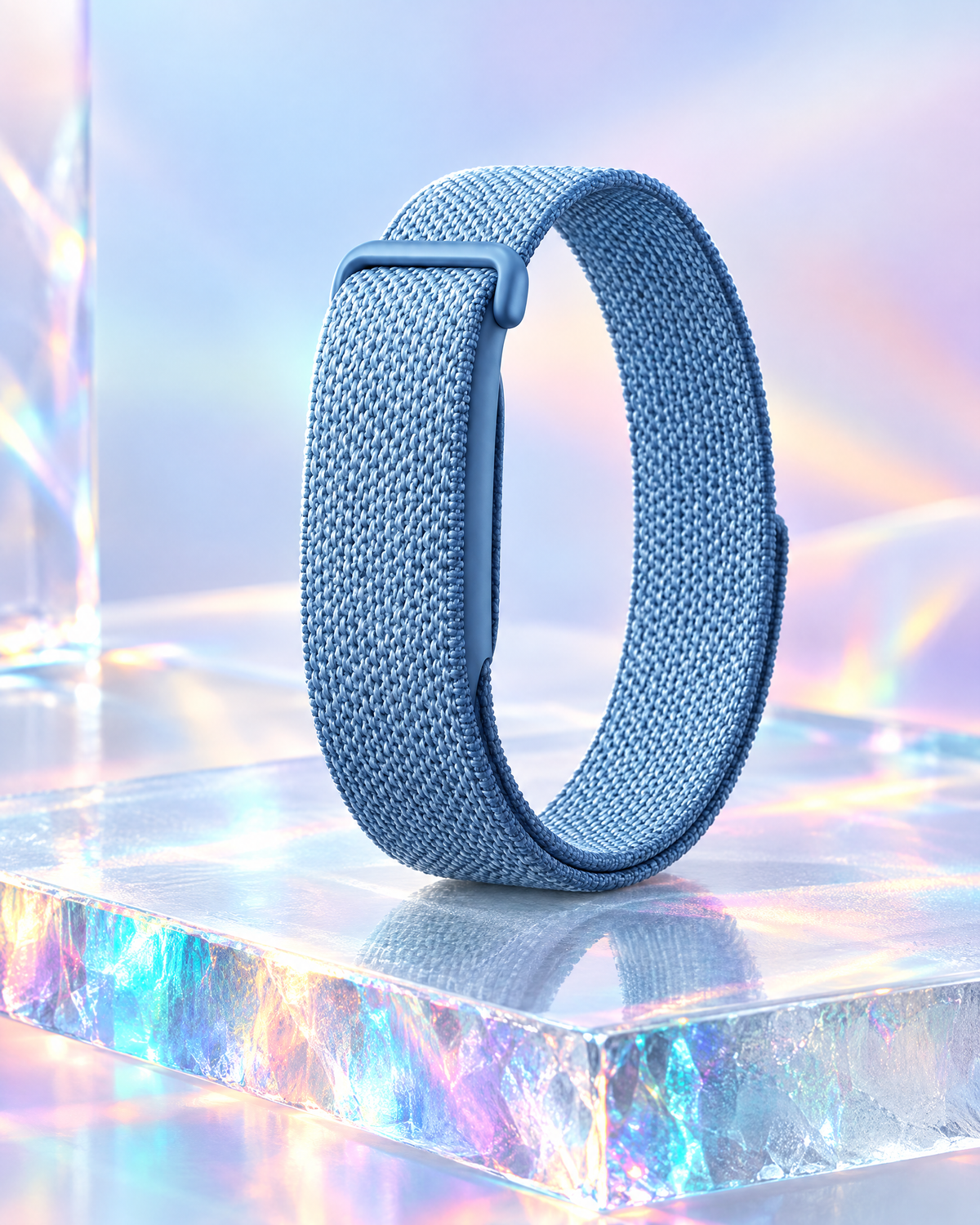 AI visual: ice blue woven nylon band on frosted glass