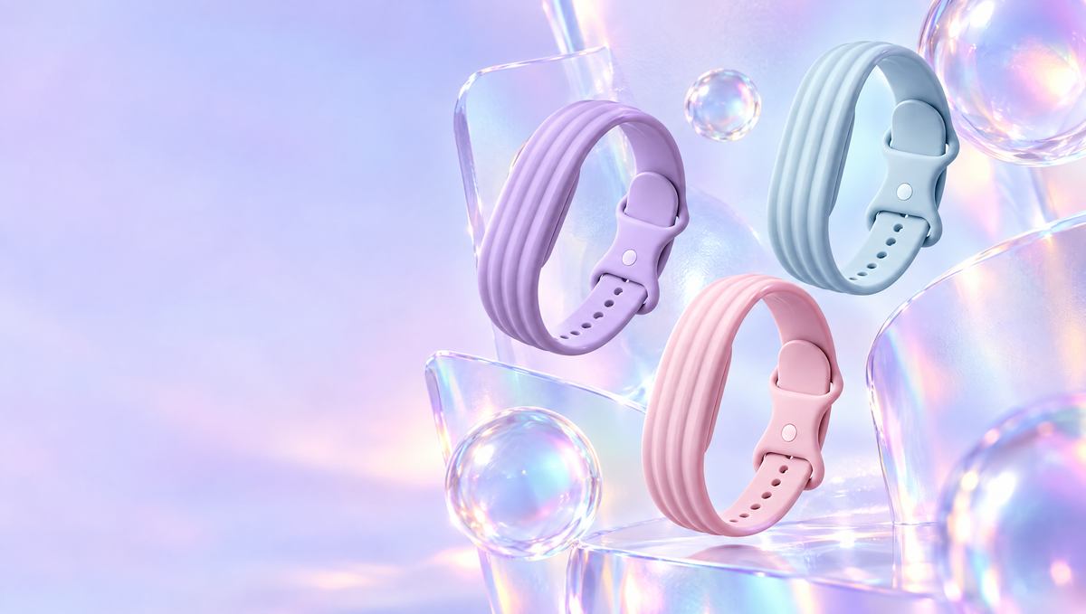 AI visual: pastel silicone bands floating among frosted glass shapes