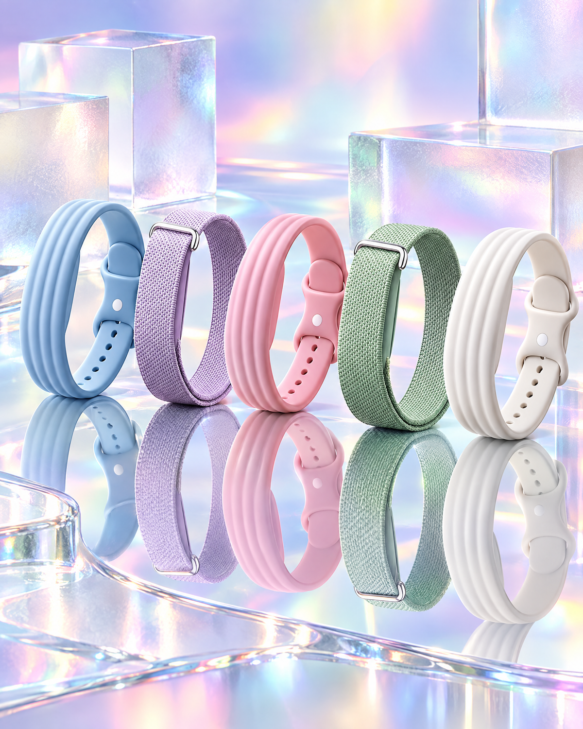 AI visual: pastel bands standing on a glossy glass surface