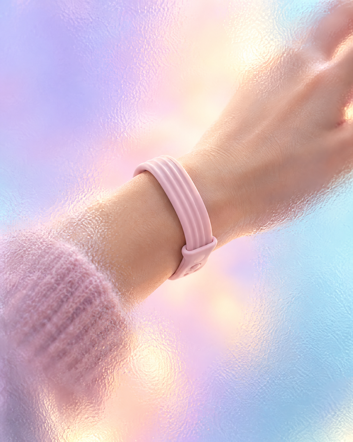 AI visual: wrist with a pink silicone band behind frosted glass